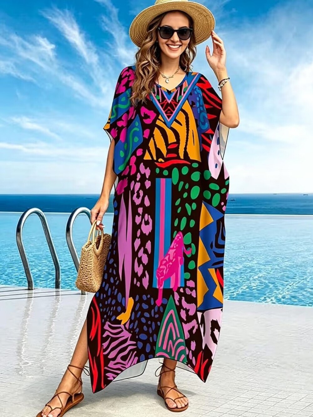 Kaftan Dress Plus Size Swimsuit Cover up Beach V Neck Lightweight Fits S-XXL